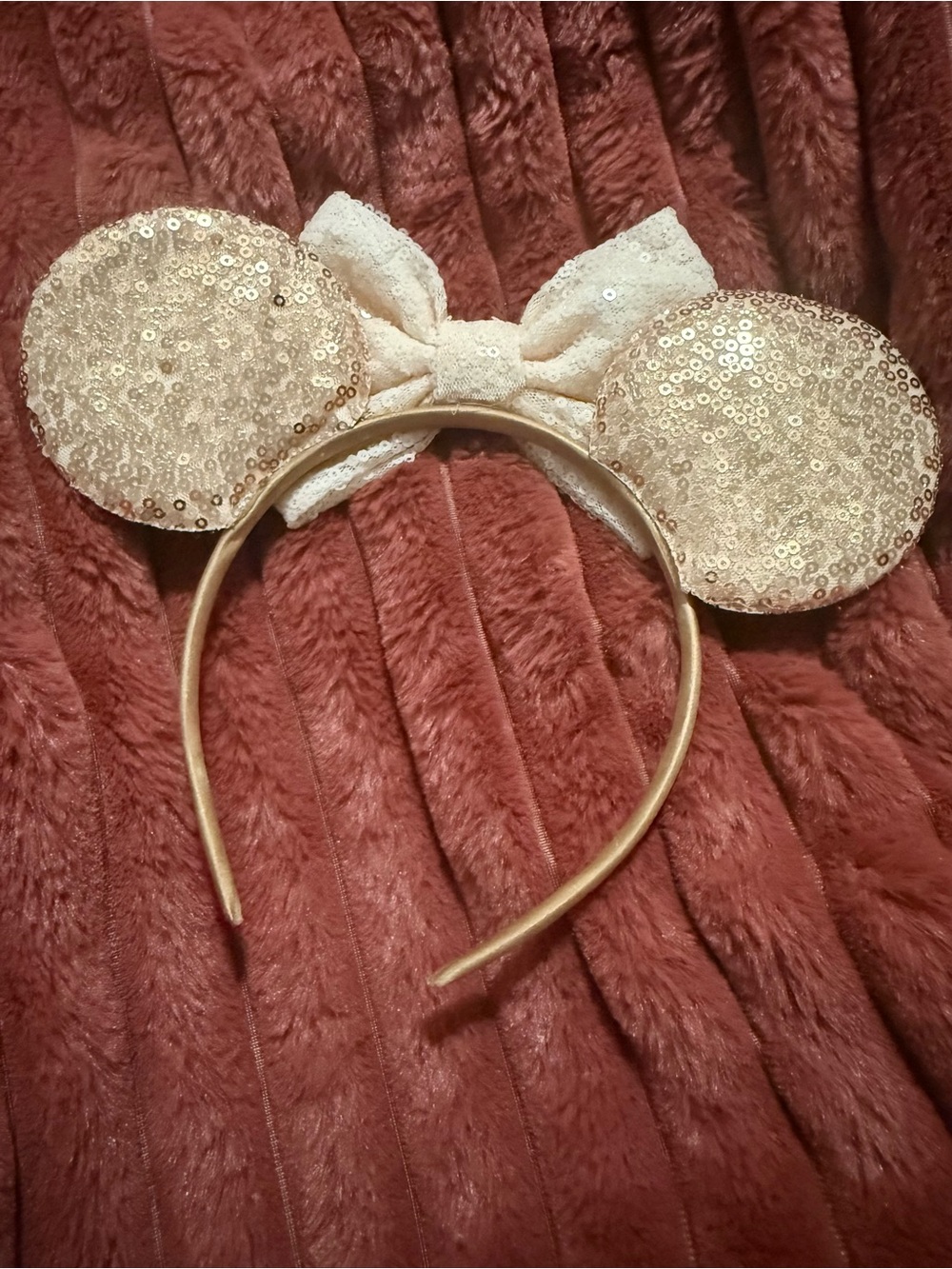 Sparkling Rose Gold Cream Sequin Mouse Ear Headband for Adults/Kids - Picture 2 of 2